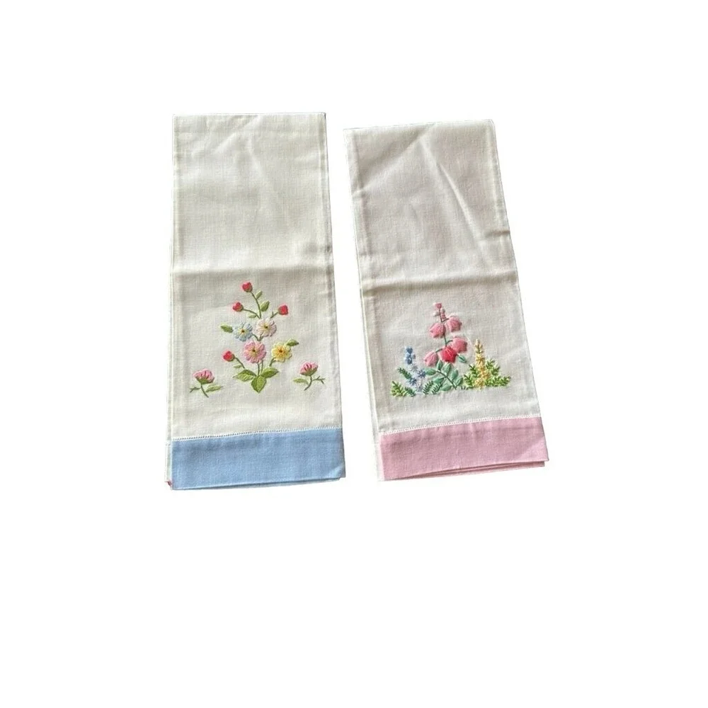 Set Of 2 Hand-Embroidered Floral Linen Tea Towels With Blue & Pink Borders